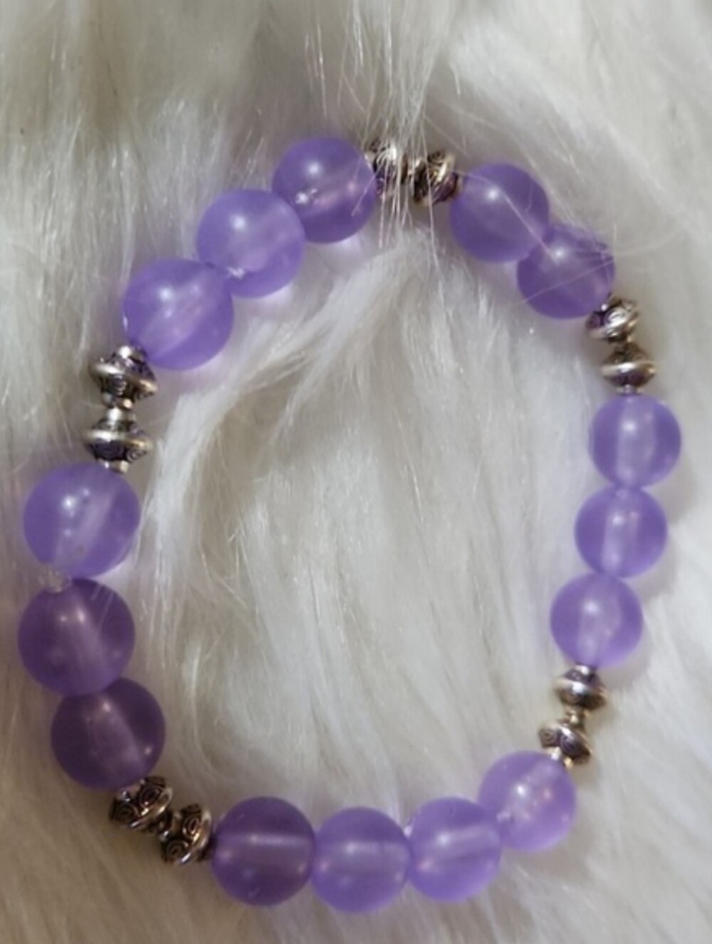 Hand Crafted Purple Beaded Stretch Bracelet with Silver Accents